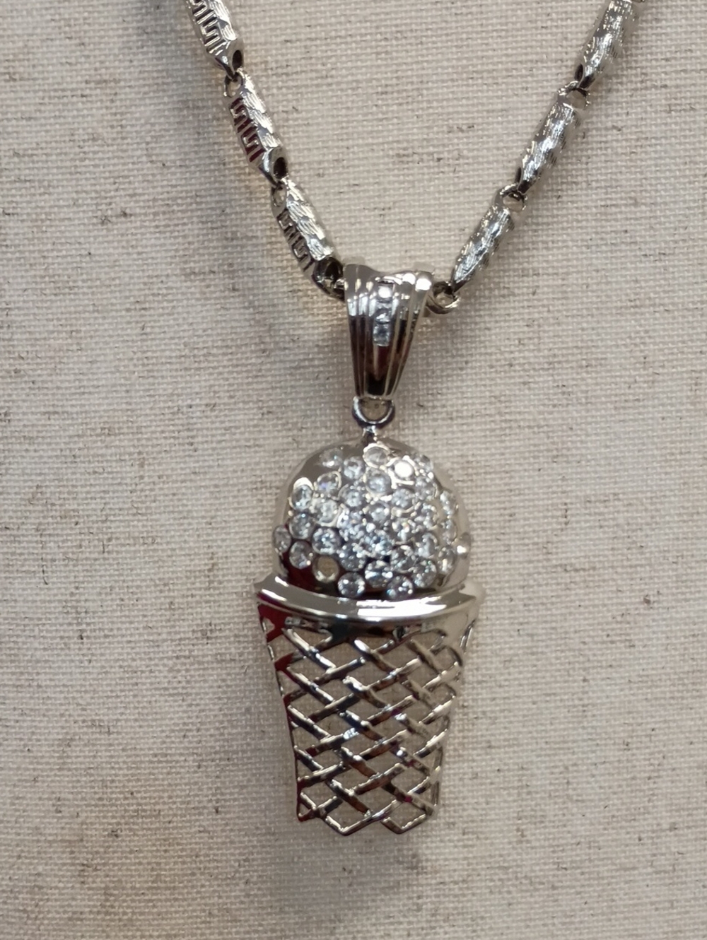 Silver Tone Rhinestone Ice Cream Cone Pendant Necklace 21"